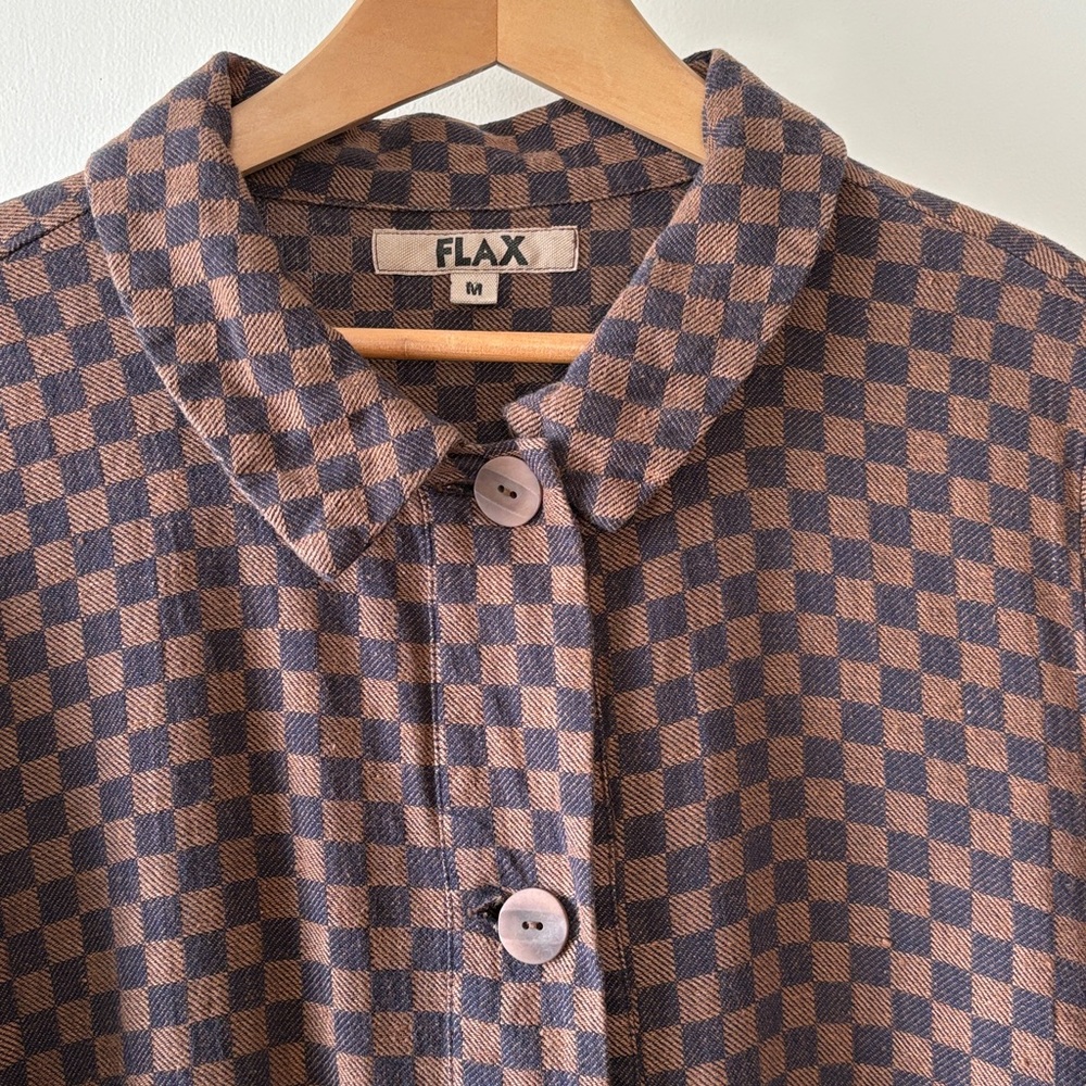 Flax Linen Check Pattern Button Front Long Jacket… - image 2